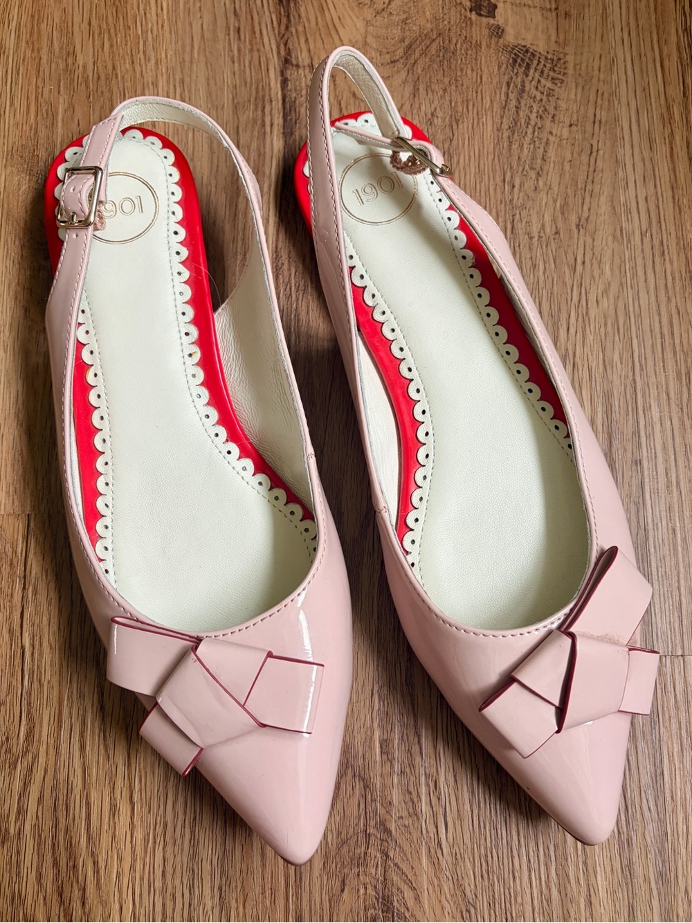 1901 Blush Patent Pointed-Toe Slingback Flats with Bow Accent